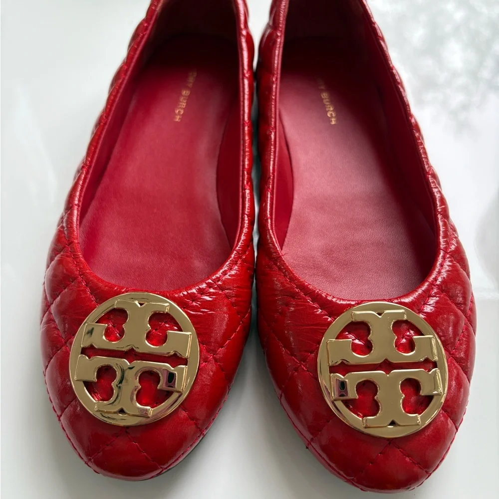 Tory Burch chelsea quilted ballet flat vince patent crinkle, fiesta red/gold sz6 - Picture 6 of 13
